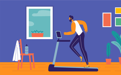 Man running at home on treadmill. Training concept. Flat design illustration in vivid colors.