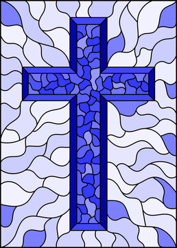 The illustration in stained glass style painting on religious themes, stained glass window with a  Christian cross , monochrome, tone blue