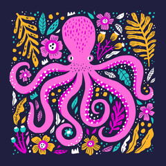 Pink octopus hand drawn flat vector illustration. 