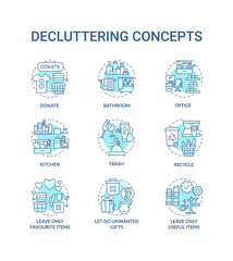 Fototapeta na wymiar Decluttering concept icons set. Trash and recycling idea thin line RGB color illustrations. Letting go unwanted presents. Donation. Vector isolated outline drawings. Editable stroke