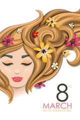 Happy Women Day illustration. 8 march. Paper cut girl head with flowers. Flyer, poster, web banner or greeting card. EPS10