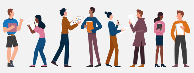 People stand in row vector illustration set. Cartoon young man and woman characters standing and talking, office workers holding paper documents and books, discussing work tasks isolated on white