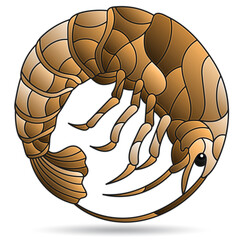 A stained glass illustration with an abstracti shrimp, the animal isolated on a white background,monochrome,tone brown 