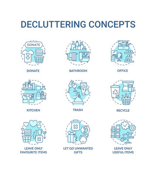 Decluttering concept icons set. Trash and recycling idea thin line RGB color illustrations. Letting go unwanted presents. Donation. Vector isolated outline drawings. Editable stroke