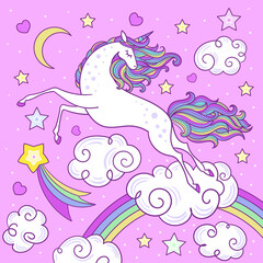 A rainbow unicorn flying in the sky. Children's illustration. Vector