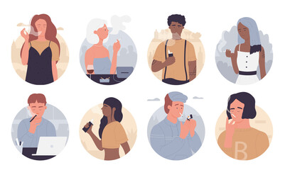 People smoke vector illustration. Cartoon flat young man woman smokers, casual style addicted characters collection of smoking persons, nicotine addicts with cigarette, lighter or vape in hand set