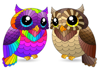 Set of stained glass elements with owls, bright birds isolated on white background