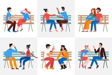 Couple people sit on park bench vector illustration set. Cartoon young man woman characters sitting on bench together on romantic dating or friendly meeting, girlfriend and boyfriend relationship