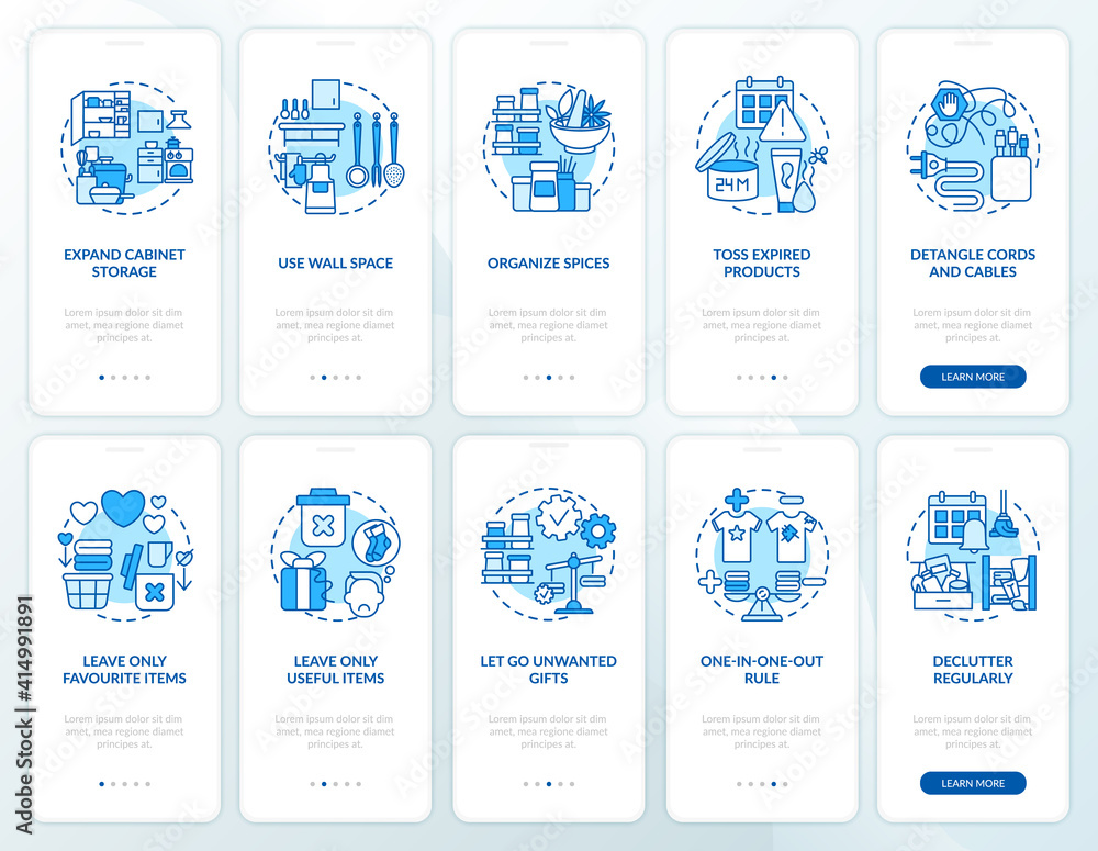 Poster expand cabinets storage space onboarding mobile app page screen with concepts set. detangle cord and