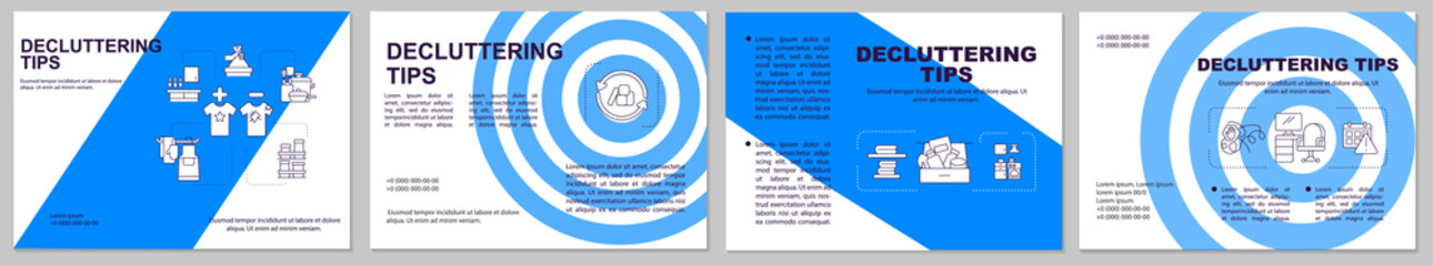Decluttering tips brochure template. Cleaning house from trash. Flyer, booklet, leaflet print, cover design with linear icons. Vector layouts for magazines, annual reports, advertising posters