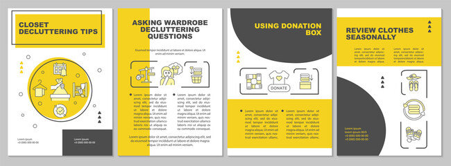 Closet decluttering tips brochure template. Using donation box. Flyer, booklet, leaflet print, cover design with linear icons. Vector layouts for magazines, annual reports, advertising posters