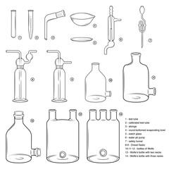 Set of chemical glassware. Sketches, black and white color.