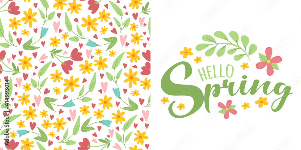 Fototapete spring floral seamless pattern with simple bright flowers and leaves on white background and script 