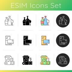 Environmental concern icons set. Discarded electronic devices. Waste glass processing into usable products. Waste management cost. Linear, black and RGB color styles. Isolated vector illustrations