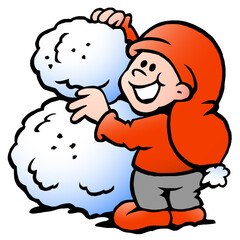 Vector Cartoon illustration of an happy Elf building Snowball