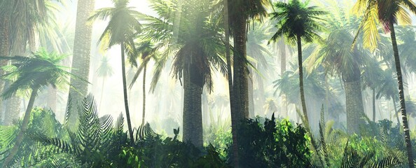 Obraz premium Palm trees in the fog, jungle in the morning, fog in the jungle, rainforest in the haze, 3D rendering