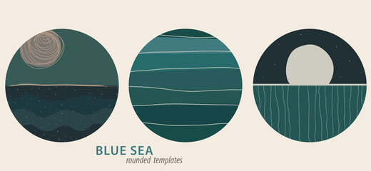 Abstract and geometric templates of night seascapes with rounded backgrounds. Muted colors in blue, greys, beiges and turquoise tones. Hand drawn flat style. Suitable for postcards, ads, logos...