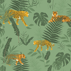Fototapeta premium Jungle Pattern with Tropical Pastel Green Colors Leaves and Wild Animals.