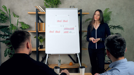 Confident woman coach trainer stands near whiteboard with diagrams teaches listen company top manager employees. Businessman study marketing ask question teacher tutor master class training in office