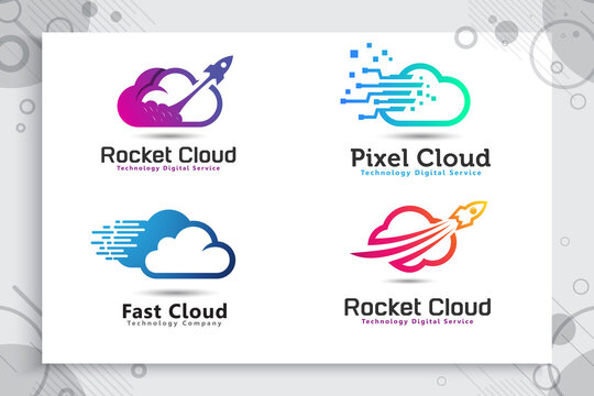 Rocket cloud vector logo with colorful and simple style, illustration cloud and rocket as a symbol icon of digital technology  company.