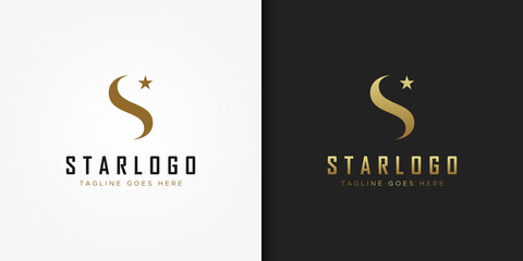 Abstract Initial Letter S Star Logo. Gold Wave S Letter with Star Icon Combination isolated on Double Background. Usable for Business and Branding Logos. Flat Vector Logo Design Template Element. - obrazy, fototapety, plakaty