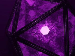 Sci Fi purple led ice cube shape glowing with dark metallic on edges. 3D rendering illustration.