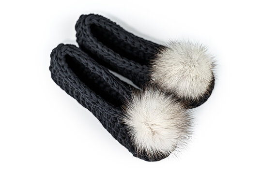 Black Crochet Slippers with White Pom poms