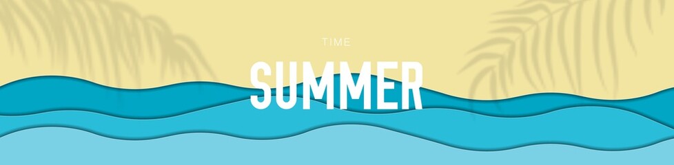 Summer sale banner with paper cut tropical beach background.