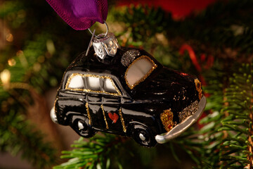 Christmas tree decorations. Black taxi.