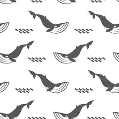 seamless pattern with whale and sea wave on white background