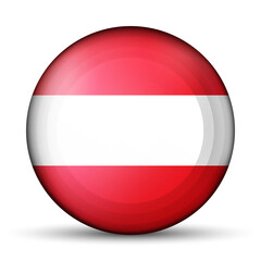 Glass light ball with flag of Austria. Round sphere, template icon. Austrian national symbol. Glossy realistic ball, 3D abstract vector illustration highlighted on a white background. Big bubble.