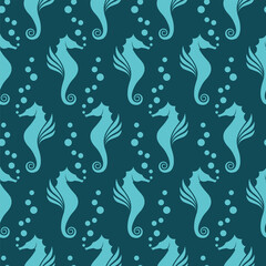 seamless pattern with seahorse isolated on blue background