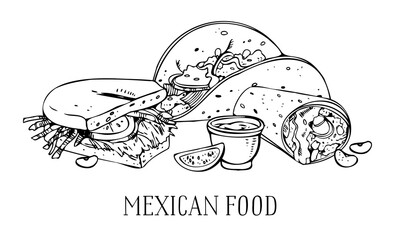 Mexican food composition. Tortilla, burrito, mole, torta. Hand drawn outline vector sketch illustration black on white background