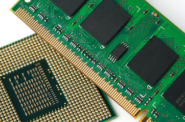 Contacts and microcircuits computer processor, slide shooting. cpu computer. Memory ram.	

