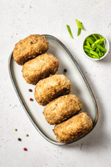 Beef spicy cutlets. Top view, space for text.