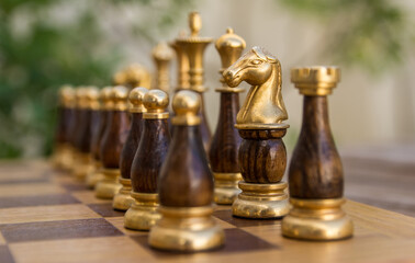 Fototapeta na wymiar Wooden Chess Board. The Only Piece In Focus Is The Horse.