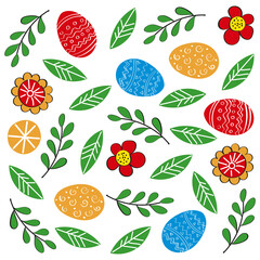 Seamless pattern with leaves and painted eggs for Easter. Suitable for web, fabric, banner, packaging, postcards, invitations, greetings.