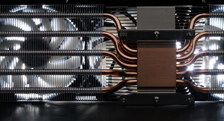 Cooling fans on a computer graphics card.