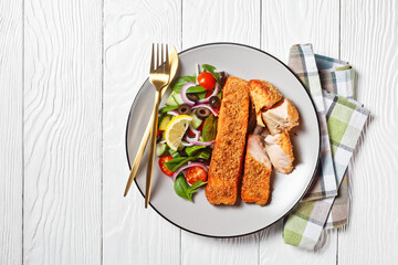 Panko crusted baked salmon fillets, veggies salad