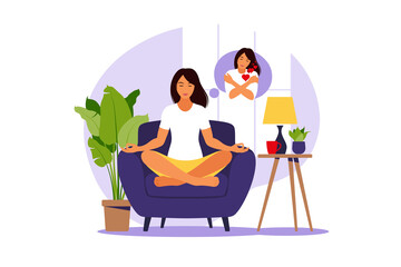 Self-love, meditation, yoga concept, relax, recreation, healthy lifestyle. Woman in lotus pose. Vector illustration.