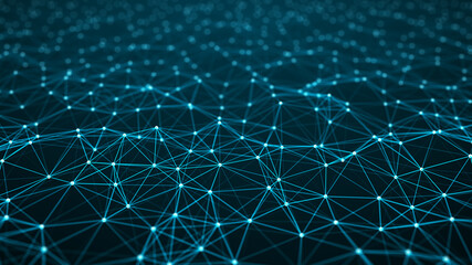 Obraz premium Corrupted network or connection. Abstract digital background of points and lines. Glowing plexus. Big data. Abstract technology science background. 3d rendering