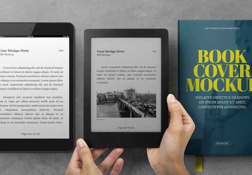 Hands Holding E-Book Reader Mockup - Tablet Mini