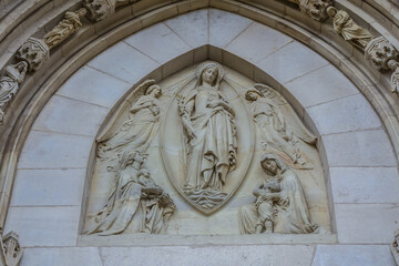 Architectural fragments of Nancy Saint-Epvre Basilica (1864 - 1874) - neo-Gothic basilica located at Place Saint-Epvre in Nancy Old Town. Basilica is dedicated to Saint Epvre. Nancy, Lorraine, France.