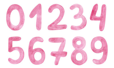 Watercolor Pink hand written numbers set isolated on white background