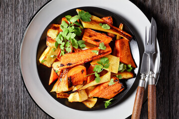 Moroccan roasted parsnip and carrot on a plate