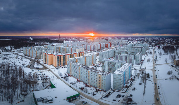Soviet time neighbourhood in Riga at sunset. Soviet architecture with block houses in winter time. 
