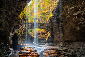 a stone bridge and waterfalls of Gorge trails  in autumn of Letchworth state park, New York 