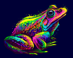 
Frog. Abstract, neon, vector portrait of a frog on a dark blue background in watercolor style. Digital vector graphics. - 415002463