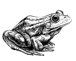 Frog. Black and white, graphic, vector portrait of a frog on a white background in sketch style. Digital vector graphics.