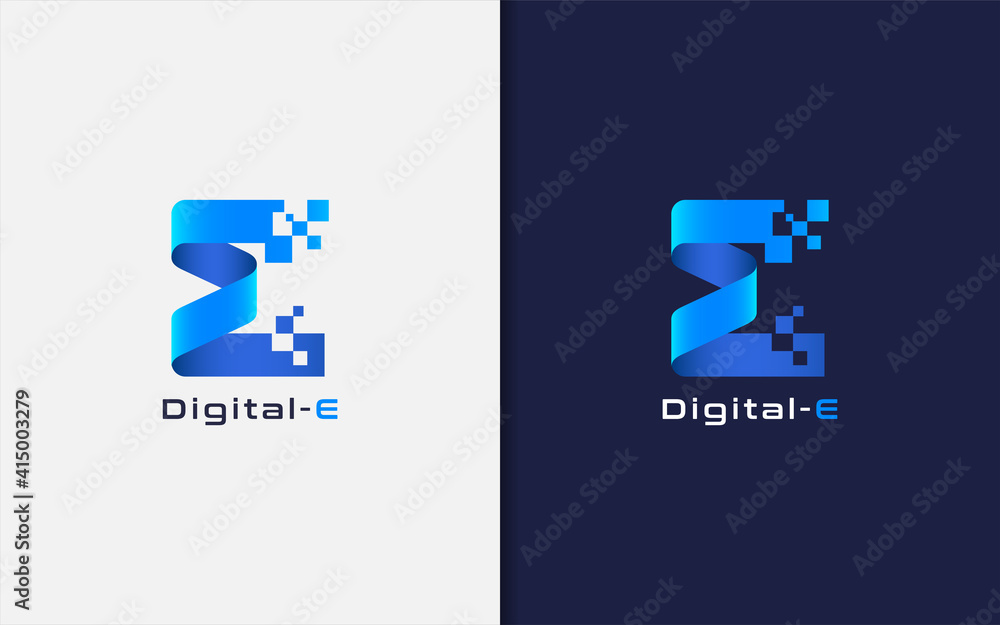 Poster Abstract Initial Letter E Logo. Creative Blue Geometric Shape with Square Pixel Dots. Usable for Business and Technology Logo. Vector Logo Illustration.